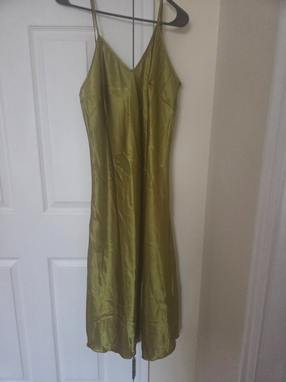 Olive Green Satin Slip Midi Dress Spaghetti Strap L